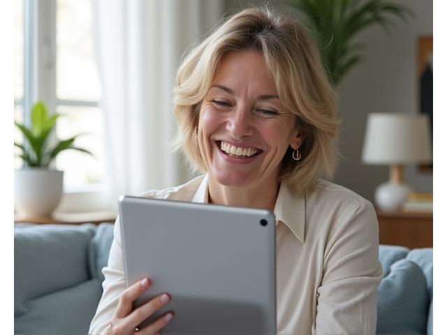 Mujer sonriente de mediana edad conversando relajadamente por videollamada de salud.